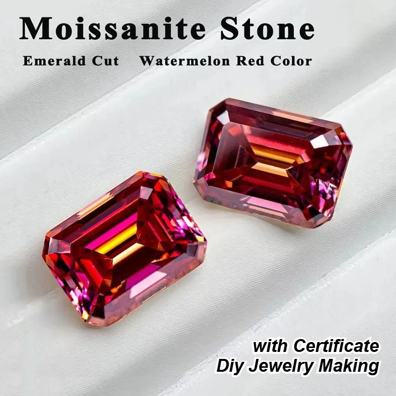 

High Quality Emerald Cut Moissanite Watermelon Red Color VVS1 Artificial Gemstone for Diy Jewelry Making with Certificate