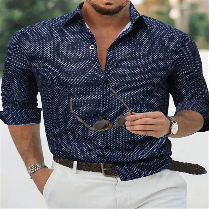 Camisa de manga comprida azul de botão masculina, lapela, casual, confortável, ao ar livre, moda de rua, verão