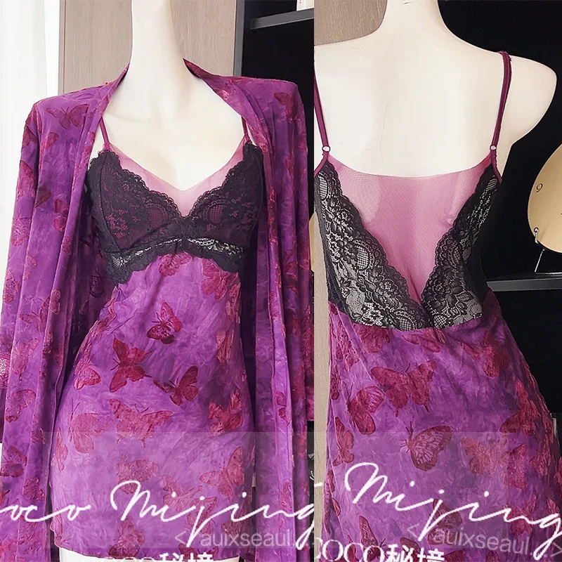 

Velvet Spaghetti Strap Lady Sexy Lace Trim Robe Set 2025 Autumn New Sleepwear Kimono Bathrobe Gown Soft Loungewear Pijama Mujer