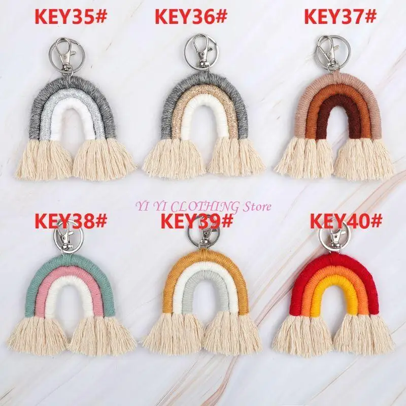 N5KF 트렌디 한 수제 키 홀더 키 링 술 지대 직조 무지개 펜던트 키 체인 보석 지갑 핸드폰 백 팩