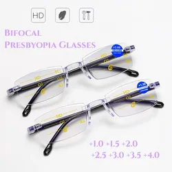 Men Women Reading Glasses Bifocal Progressive Anti Blue Light UV Protecivet Eyesglasses Near And Far Diamond Cut Rimless Eyewear