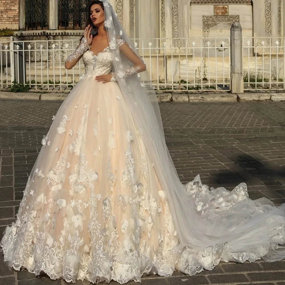 2024 Enchantment A-Line Tulle Wedding Gown Sexy Sheer Long Sleeves Floral Lace Applique Bridal Dress Crystal Vestidos De Novia