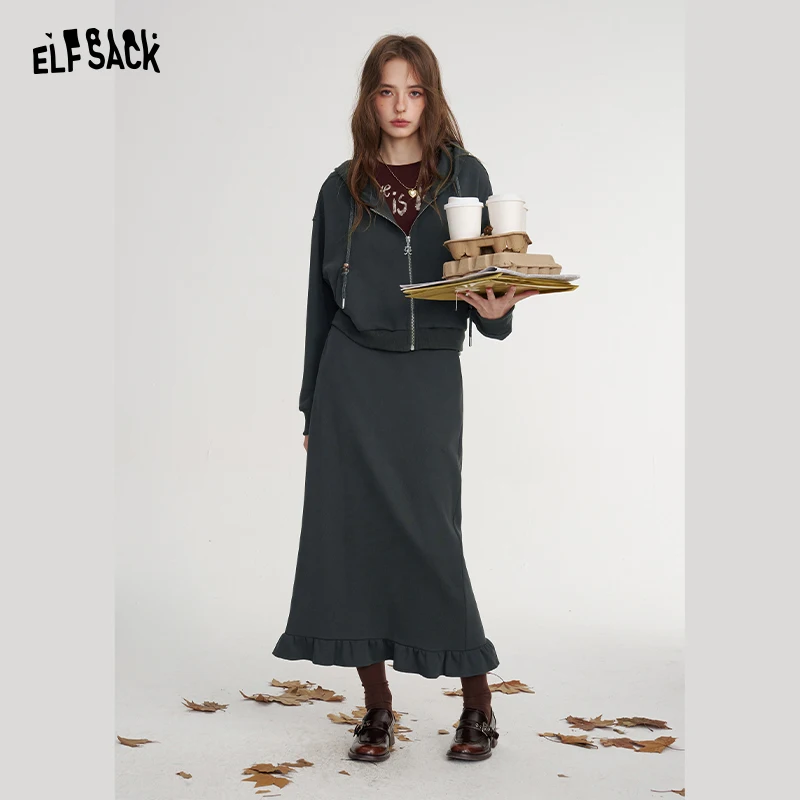 ELFSACK Women's Casual Hooded Jacket with Ruffle Hem Midi Skirt, Solid Black 2 Piece Set for Everyday Wear
