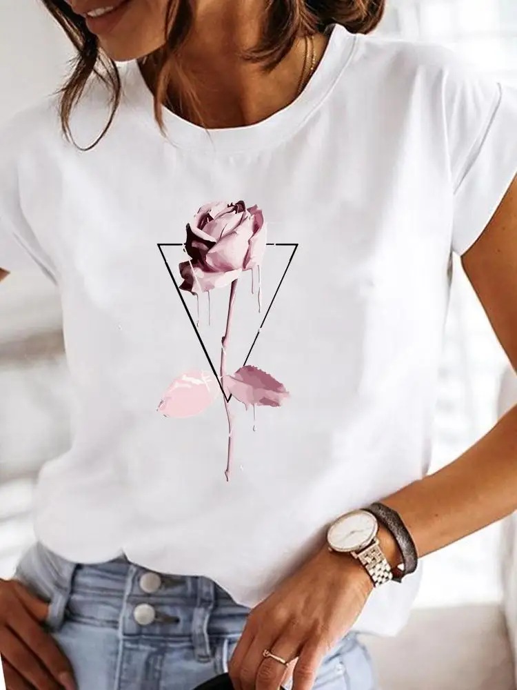 Fashion Short Sleeve Casual T-shirts Clothes Women Female Watercolor Make Up Flower Summer T Clothing Ladies Print Graphic Tee