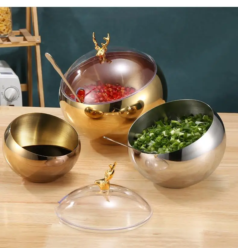 Kitchen Items Sloped Stainless Steel Bowl Storage Containers Spherical Sauce with Cover Restaurant Buffet Tableware