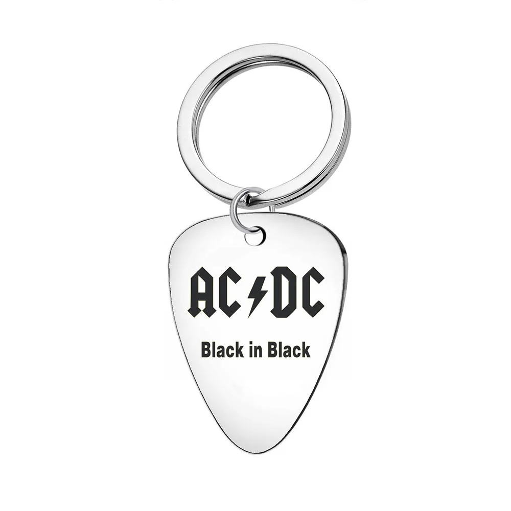 AC DC Guitar Picks Stainless Steel Pendant Necklace Keychain Rock Band Guitar Men's Punk Jewelry image 2