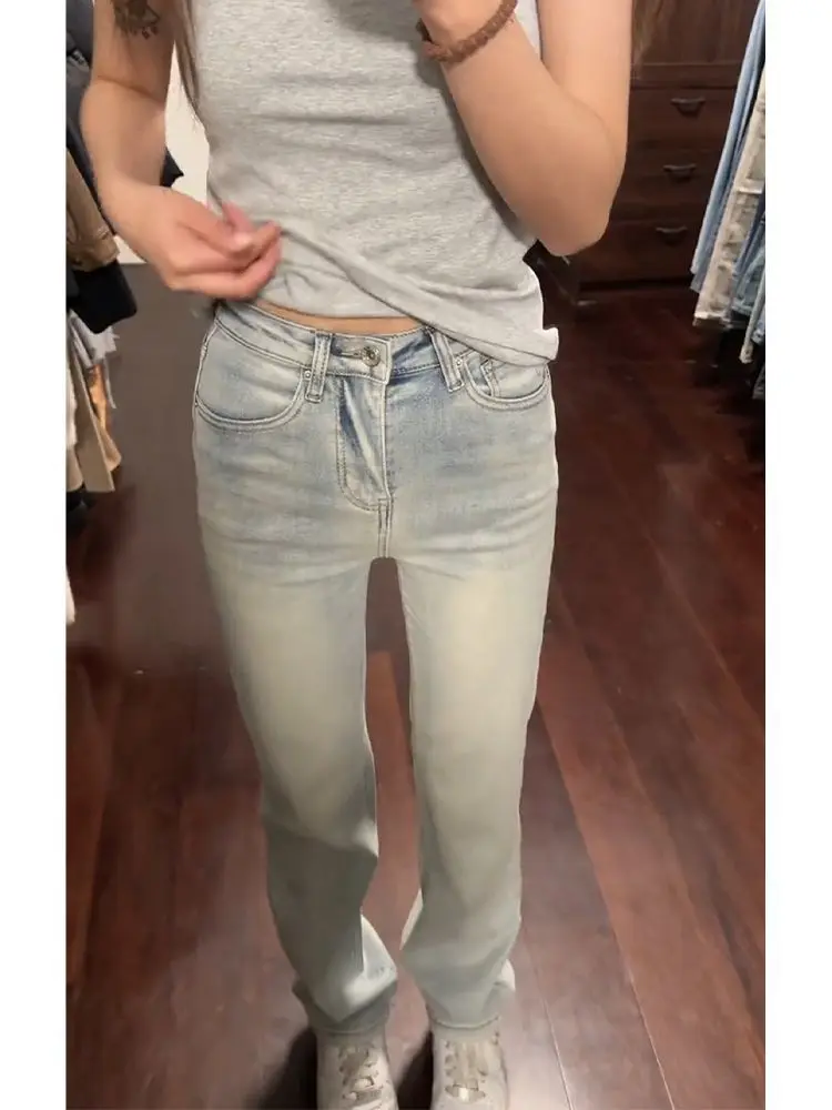 Jean Woman Denim Jeans Straight Blue Casual Retro 2000S American Distressed Hole Ripped Female Clothing Unisex Basic Simple Long