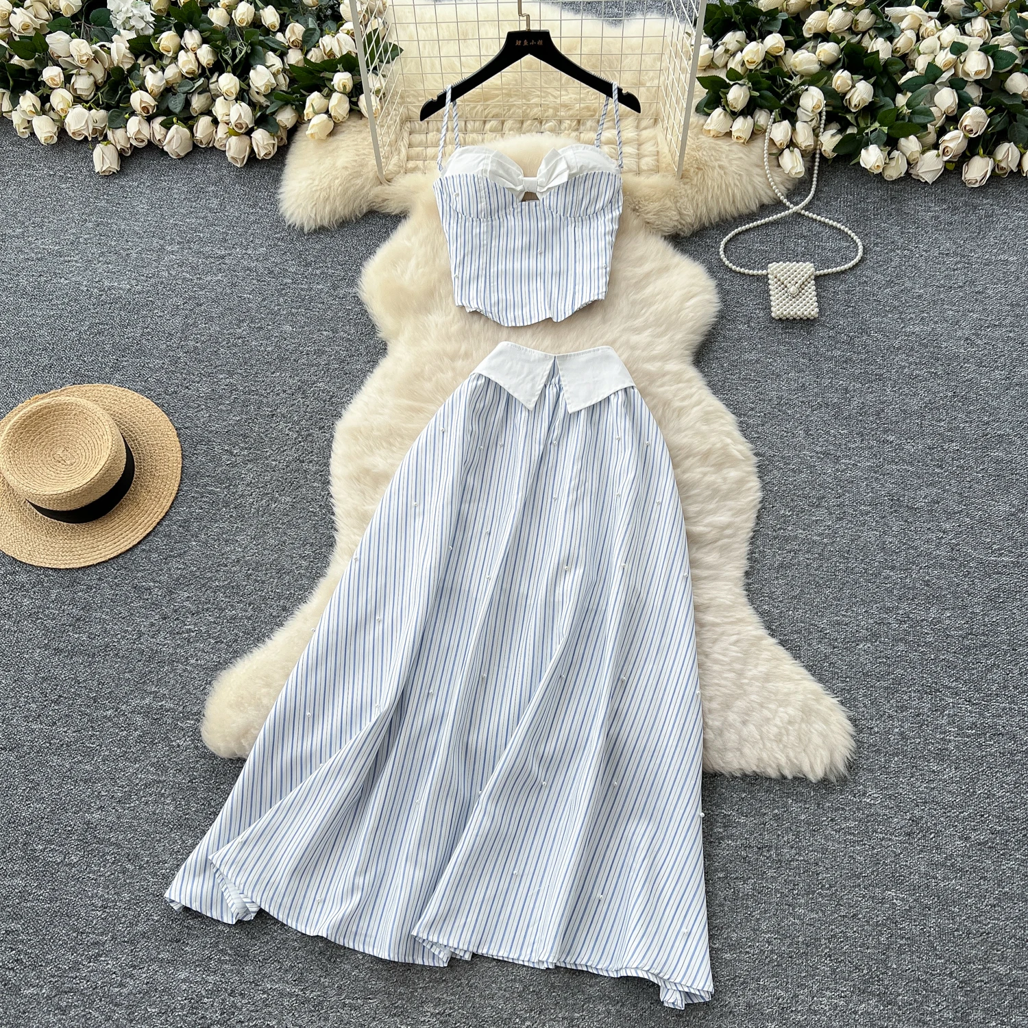 

Women Long Skirts 2 Pieces Outfits Striped Print Strapless Camisole Tops Match High Waist A-Line Big Swing Skirt Lady Suits