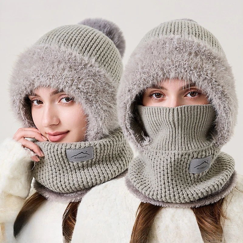 hot-sale-winter-new-fine-weave-hat-scarf-mask-one-piece-knitted-hat-women's-versatile-outdoor-european-and-american-warm-hat