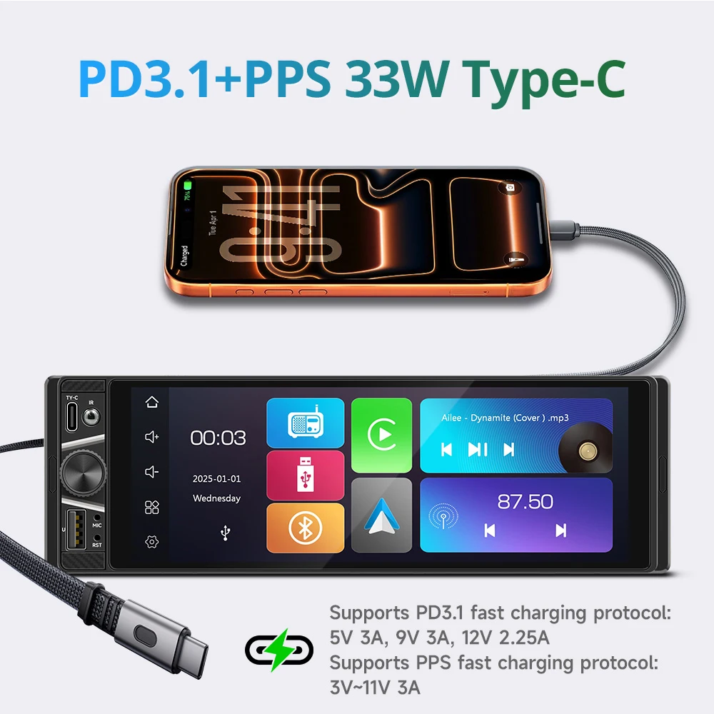 6.28 Inch Single 1 DIN Car Stereo Head Unit Car Radio Wireless Carplay Android Auto Player BT FM MirrorLink Type-C Fast charging