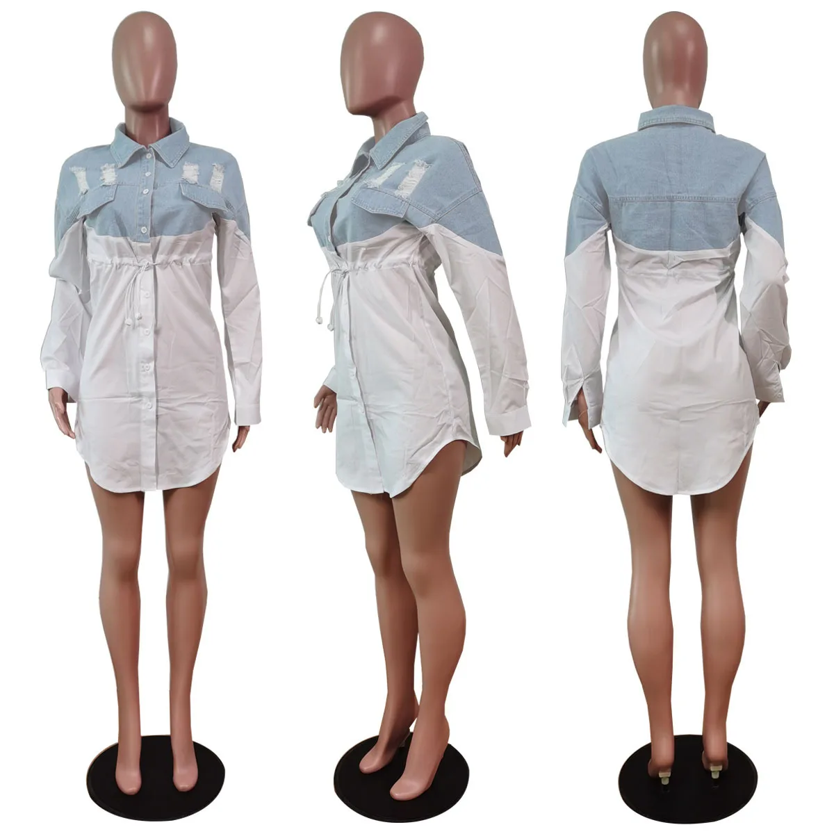 Women Colorblock Button Front Patchwork Shirt Dress Femme Turn-down Collar Mini Party Robe Lady Outfits Vestidos