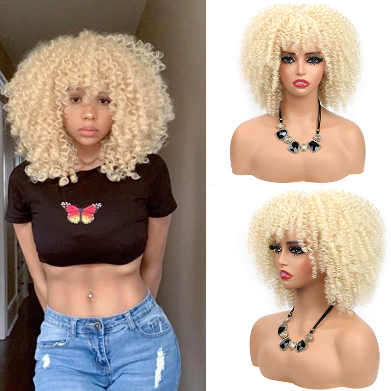 Short Afro Curly Wig with Bangs Synthetic Natural Hair Curly Cosplay Wigs for Black Women Ombre Kinky Curly Wig Blond Brown