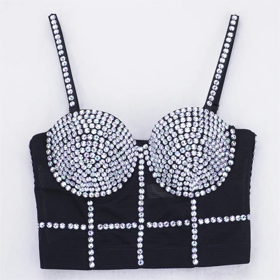 New Ab Color Sling Beaded Corset Thin Cup Sequins Gathered Clothes Nightclub Outside Wear Bustier Spicy Girl Mecha Suit