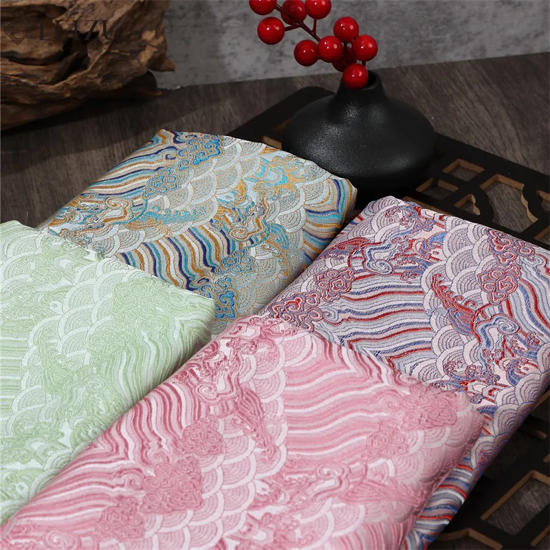 0.5/1/2m Jacquard Silk Satin Sea Water Clouds Waves Brocade Fabric for DIY Sewing Hanfu,Seat Cushions,Pillows Decorate Cloth