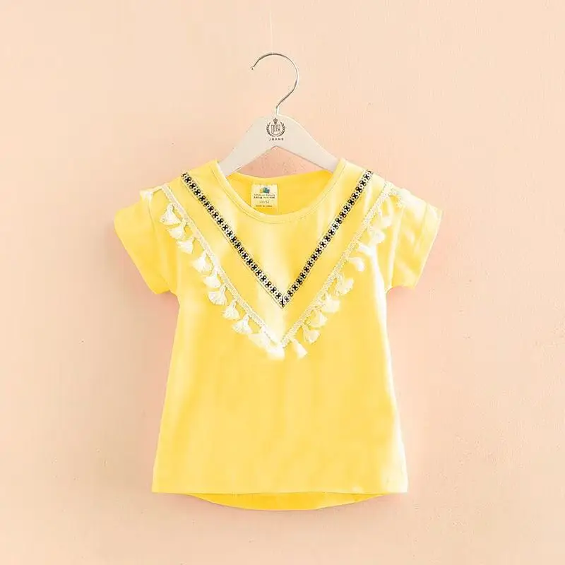 2025 Summer 2 3 4 6 8 10 Years Kids Clothes Cotton White Pink Solid Color V Tassels Patchwork Short Sleeve O-Neck T-Shirt Girls
