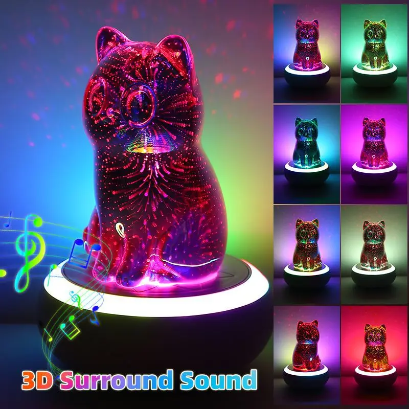 3D Rotating Cat Night Light with Bluetooth Speaker Colorful LED Atmosphere Lamp for Bedroom Home Atmosphere Decor Creative Gift