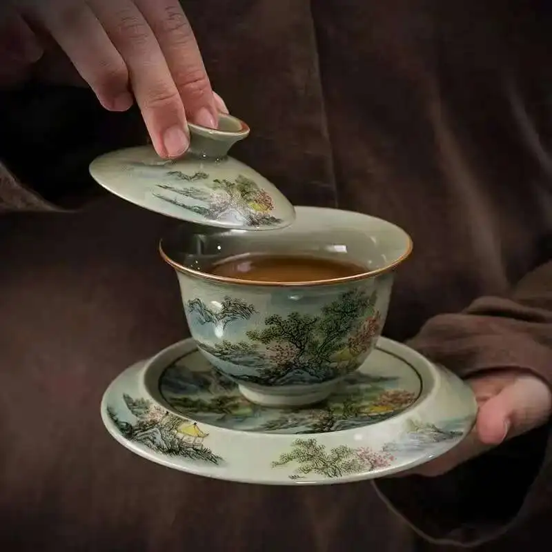 

2025blue and White Lid Bowl Tea Cup, High-end Ceramic Kung Fu Tea Set, Large Size, Single, Three Talents Tea Bowl, New