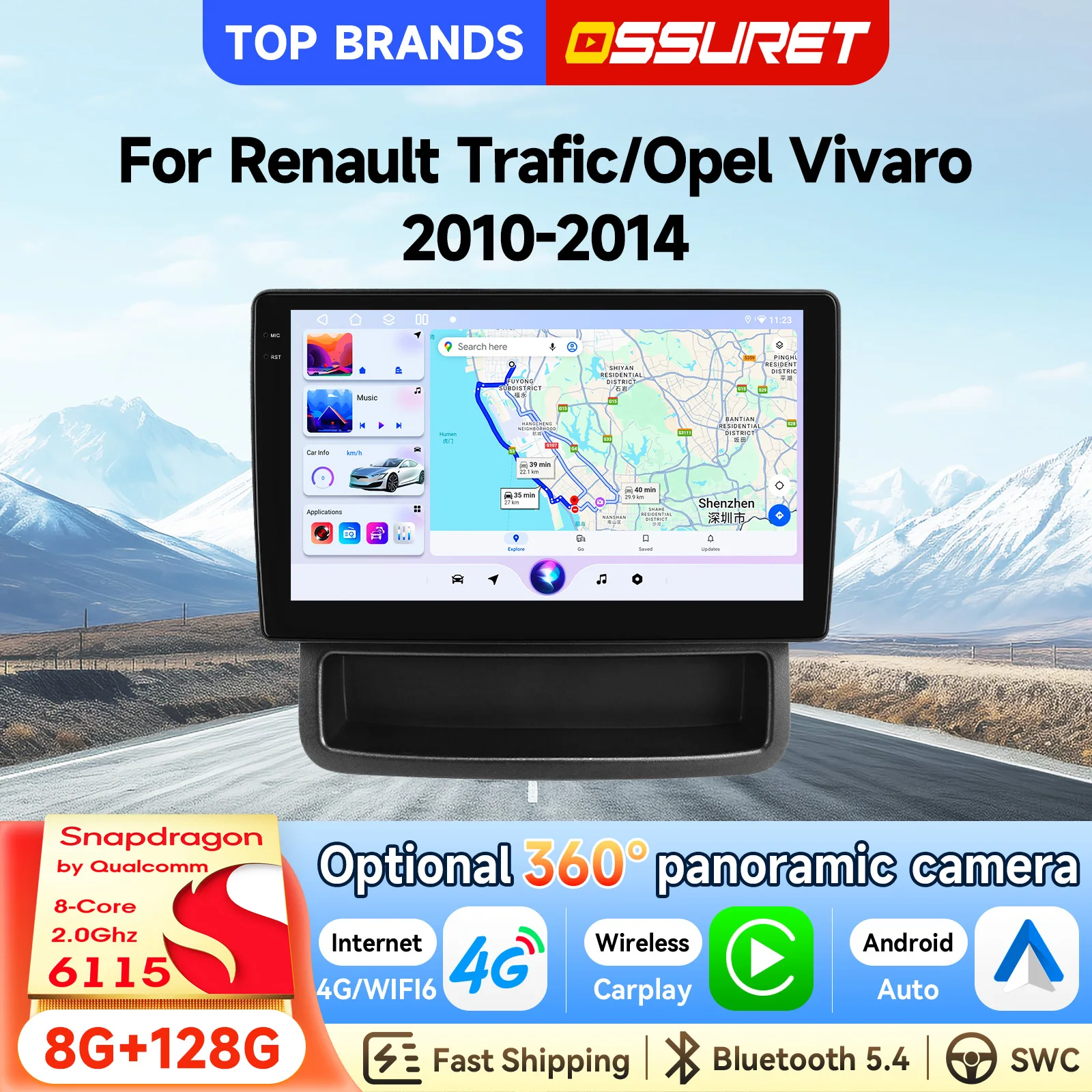 OSSURET Schneller Versand 10,1 Zoll 2 Din Android 14 Optional 360 °   Kamera-GPS-Navigation Autoradio für Renault Trafic / Opel Vivaro 2010-2014 Head Unit mit Snapdragon 6115 Autoradio CarPlay Android