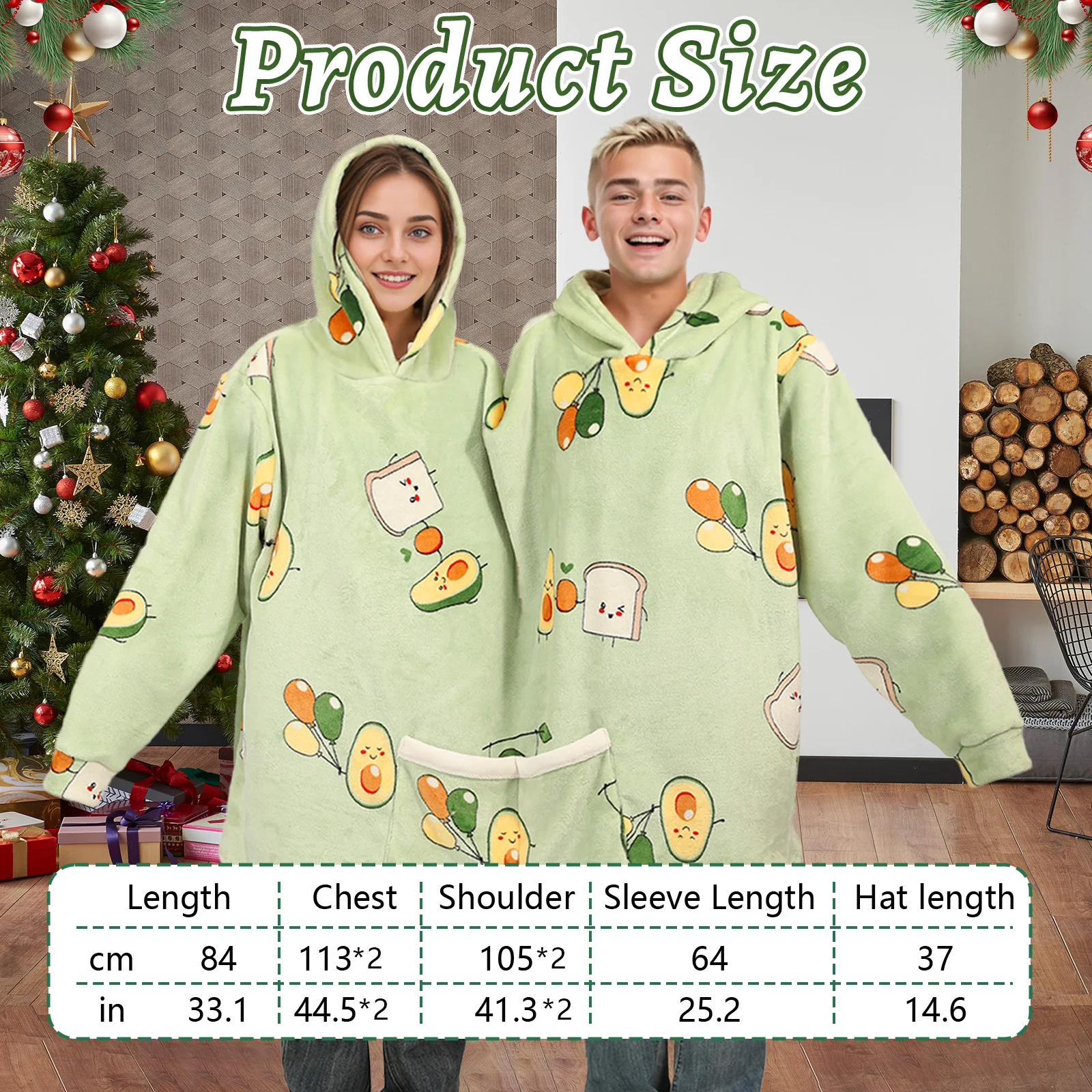 Avocado Pattern Double Snuddie Popcorn Couple Pairs Pajamas Autumn Winter Plush Hooded Blanket One Size For Adults