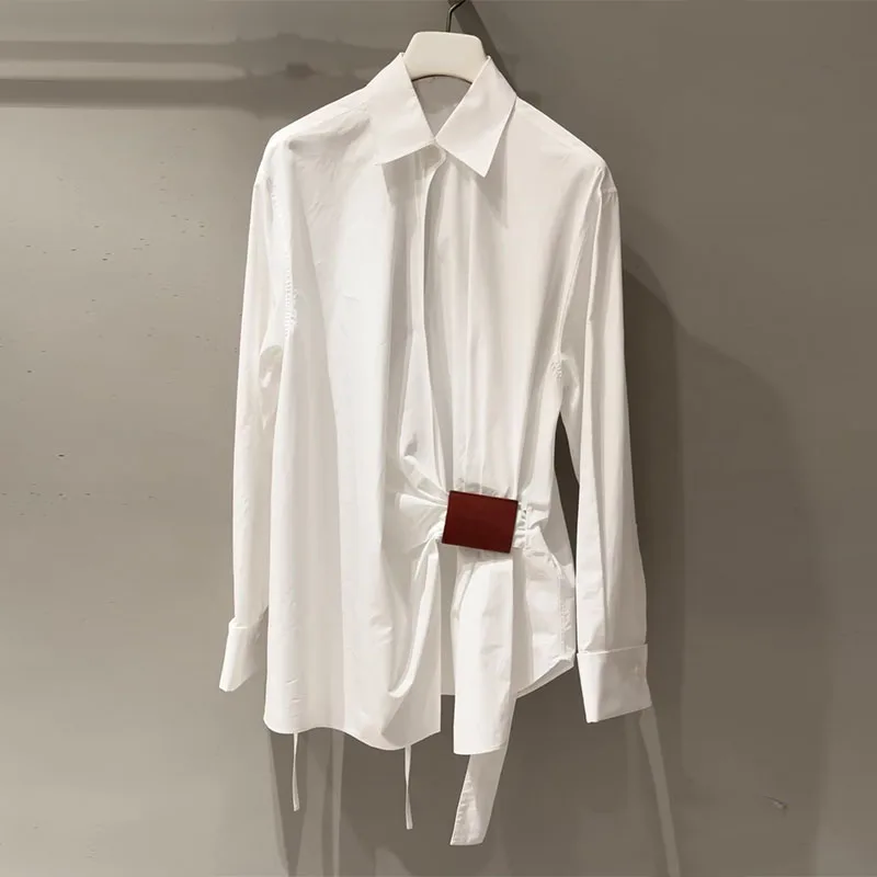 

Princ eenn French Sle Loose Long Sve irt Women's Design Sense Top Asymmetrical Leather Tag Spring Summer New Arrival