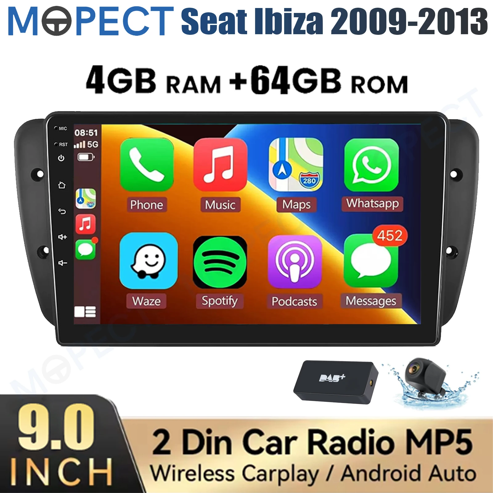 MOPECT 9-Zoll-Autoradio 4+64G für Seat Ibiza 6J 2009-2013 Android 15 CarPlay GPS Navi WiFi Bluetooth FM-Radio SWC Touchscreen+DAB&Kamera