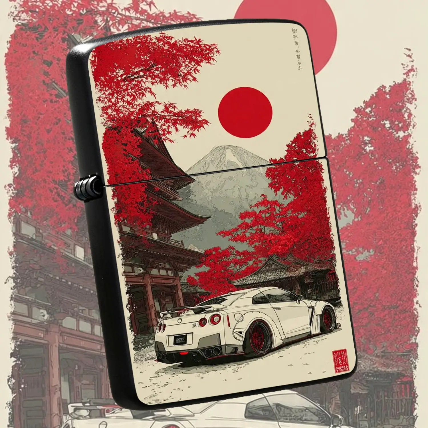 Japanese Style Ukiyo-E Pattern Lighter Red Maple Mount Fuji Classic Sports Car Art Design Portable Daily Use Ideal For Gifting Personal Carry For Various Scenes Practical Nice Present A Humorous And Interesting Lighter