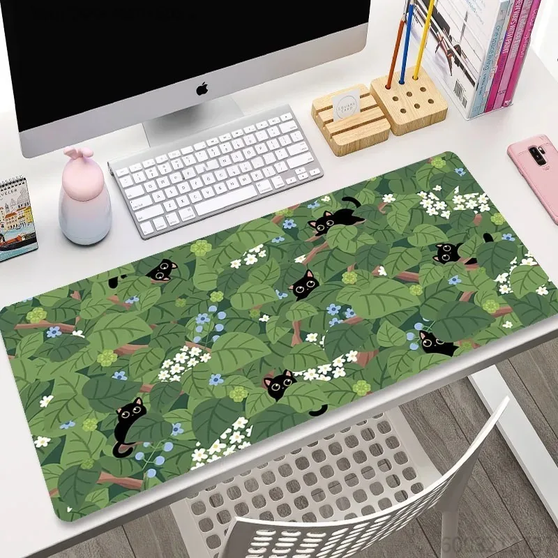 Cute Anime Forest Mouse Pad - Large Non-Slip Desk Mat with Black Cat, Frog & Girl in Greenery for Office & Gaming