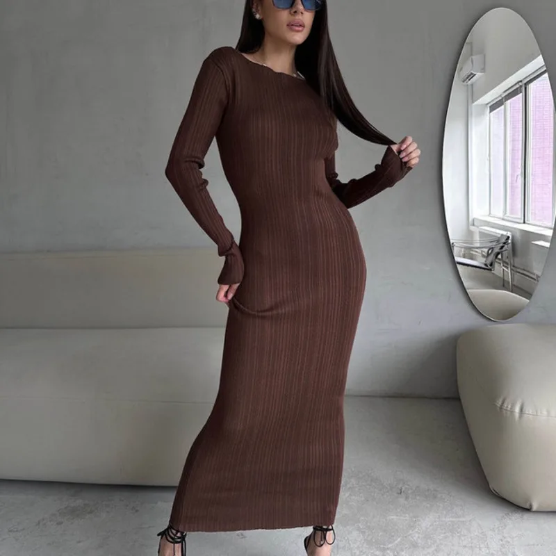 2024 Autumn And Winter Long Sleeved Tight Knit Dress For Women, Simple Solid Color Round Neck Slim Fit And Slimming Long Dress