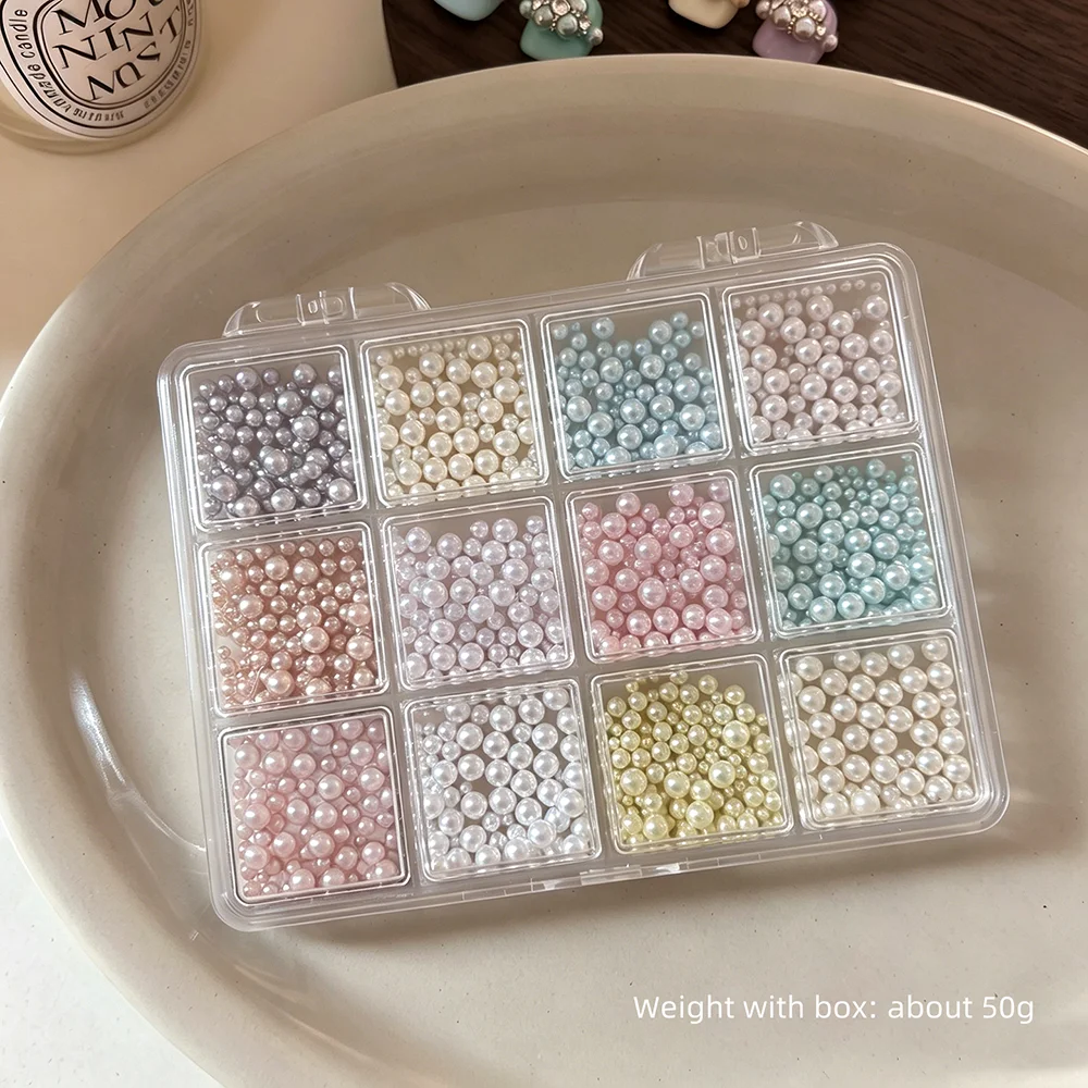 12 Gitter 3D Hochglanz-Rundperlen Nagelcharms Gemischte Größen Dopamin-Farben Perlenperlen Nagelkunst-Dekoration DIY Maniküre-Teile – Detail 1