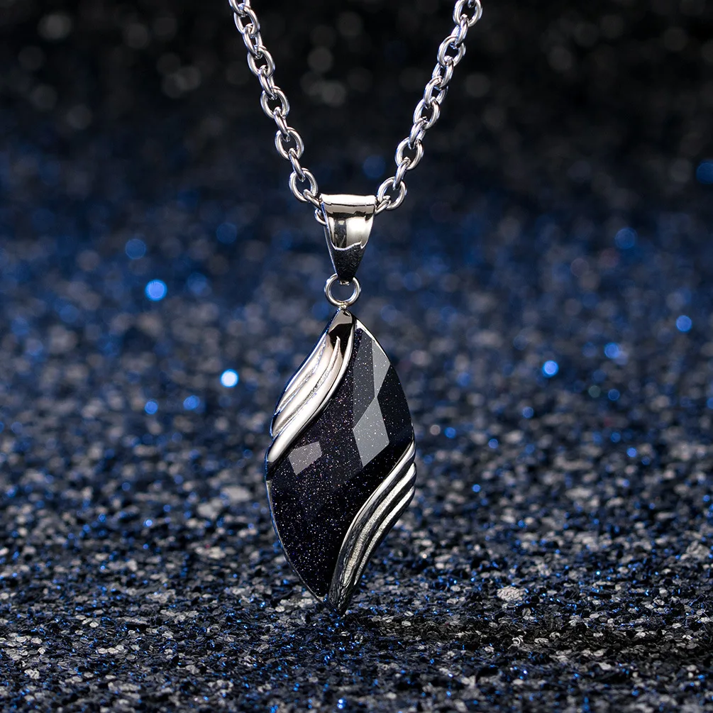 Fashion Trendy Jewelry Blue Sandstone Leaf Design Pendant O-Chain Stainless Steel Necklaces for Men