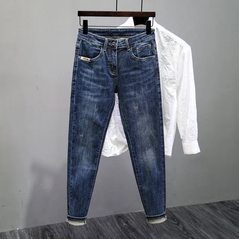 

Fashionable American Style Men's Jeans Trendy Slim Fit Patchwork Nine Points Simple Youth Casual Long Pants Straight Foot