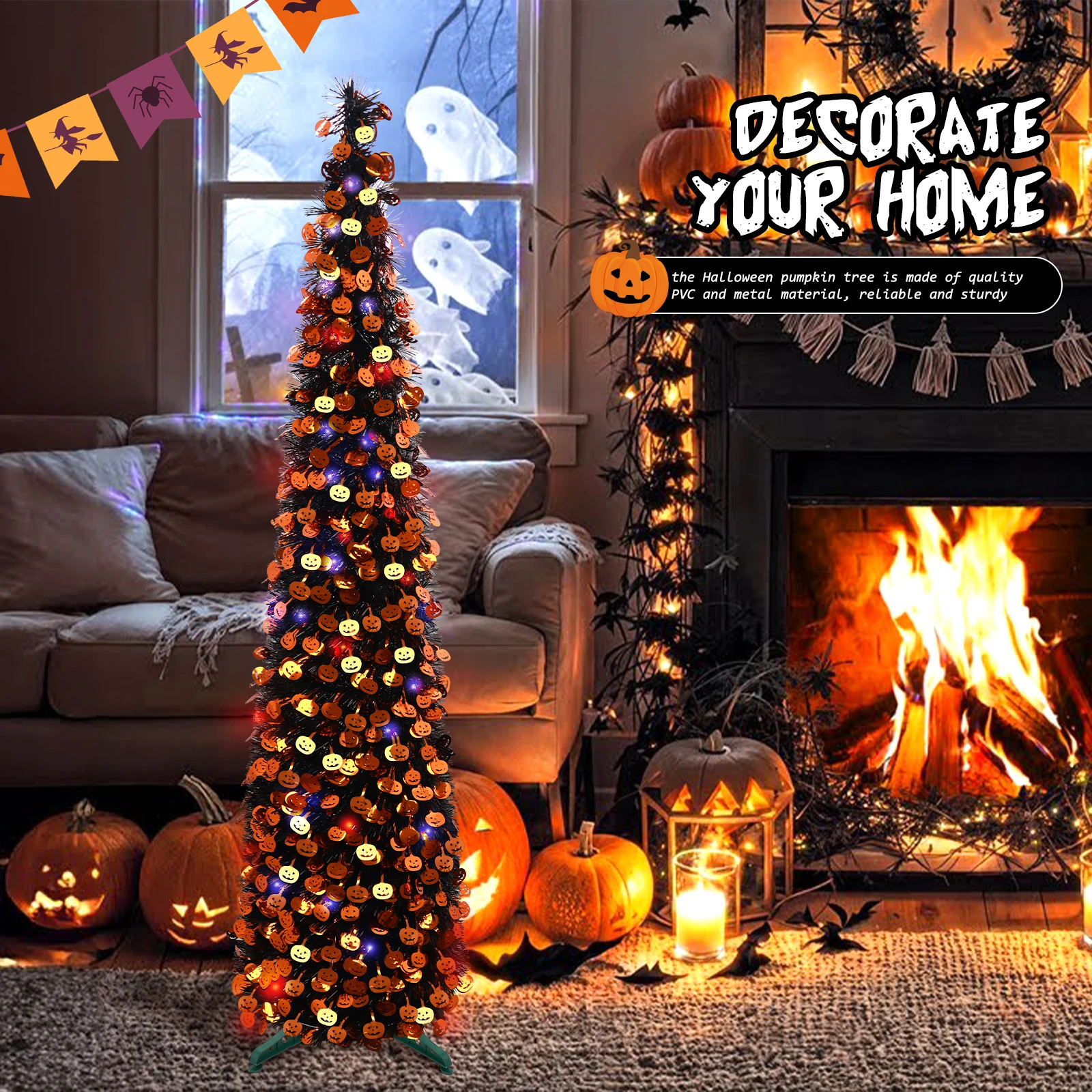 5Ft Halloween Pop Up Artificial Tree with Glitter Pumpkin Ornaments Orange Purple LED Lights No Battery Included Metal Foil Tree for Halloween Party Home Living Room Decor 5