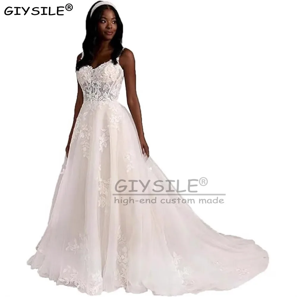 

GIYSILE Customized Spaghetti Straps A Line Glitter Beach Wedding Dresses for Brides 2025 Sleeveless Boho Bride Lace Bridal Gowns