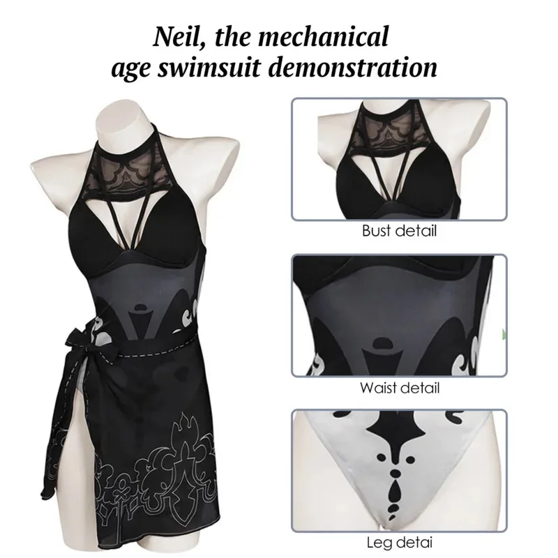 Game NieR Automata 2B Cosplay Costumes Swimsuit Black Slip Dress Summer Skirt Sexy Uniform Yarn Swimwear Girls Adults Full Set