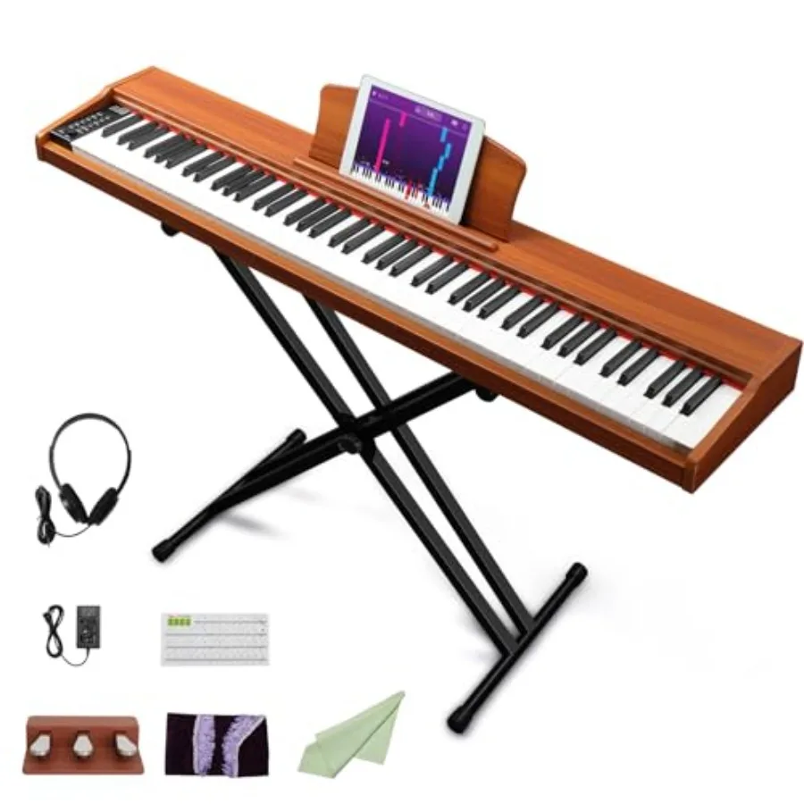 

88 Key Piano Keyboard for home practice, wood finish, semi-weighted keys, portable design with stable stand, 3-pedal support, d