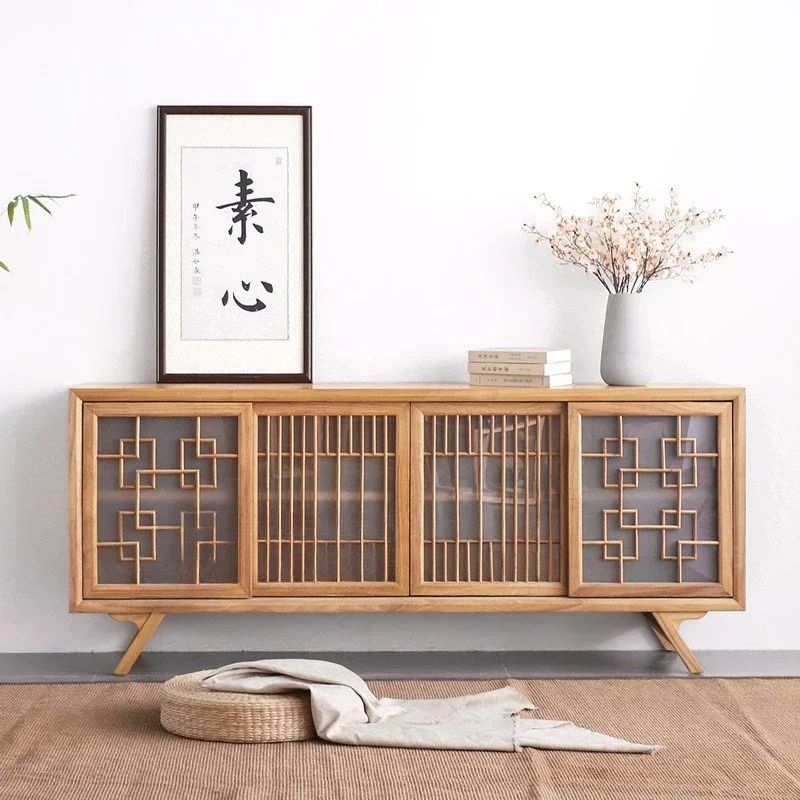 Chinese solid wood TV cabinet Modern simple Zen small apartment living room TV cabinet Overall multi-function, floor cabinet