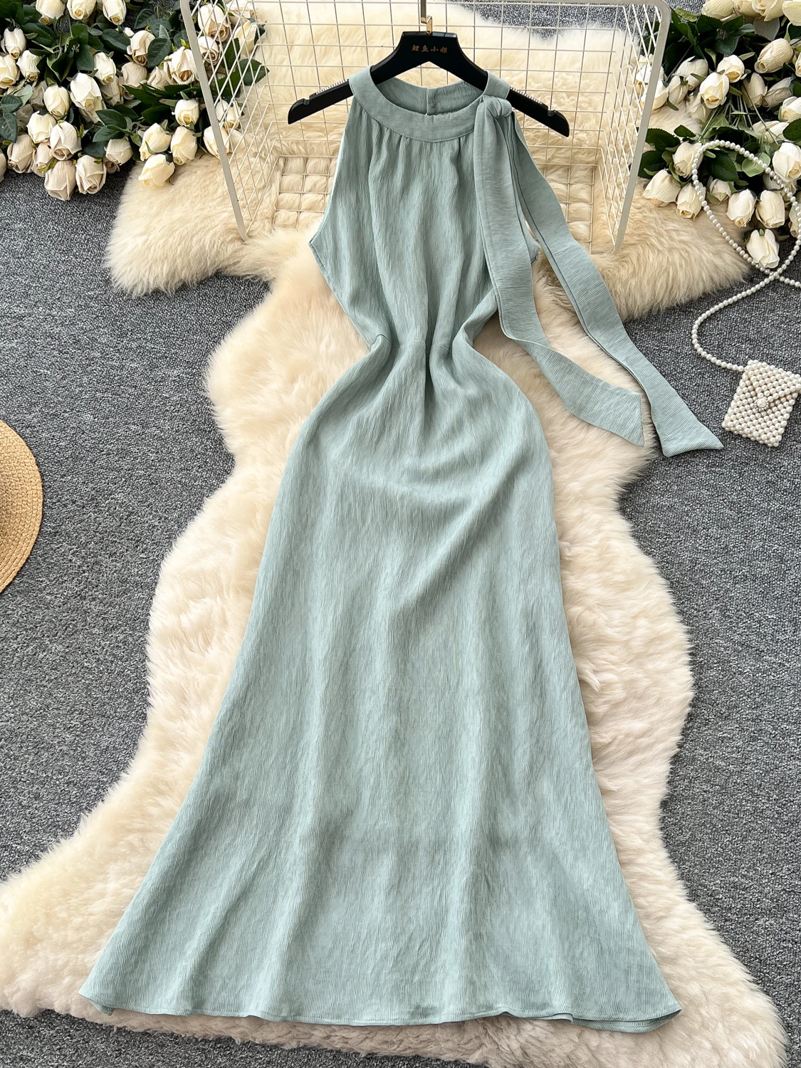 فستان صيفي أنيق بدون أكمام مع تصميم متدلي عند الرقبة، فستان طويل نحيف بخصر مرتفع للنساء، أزياء فاخرة على الطراز الكوري بتصميم...