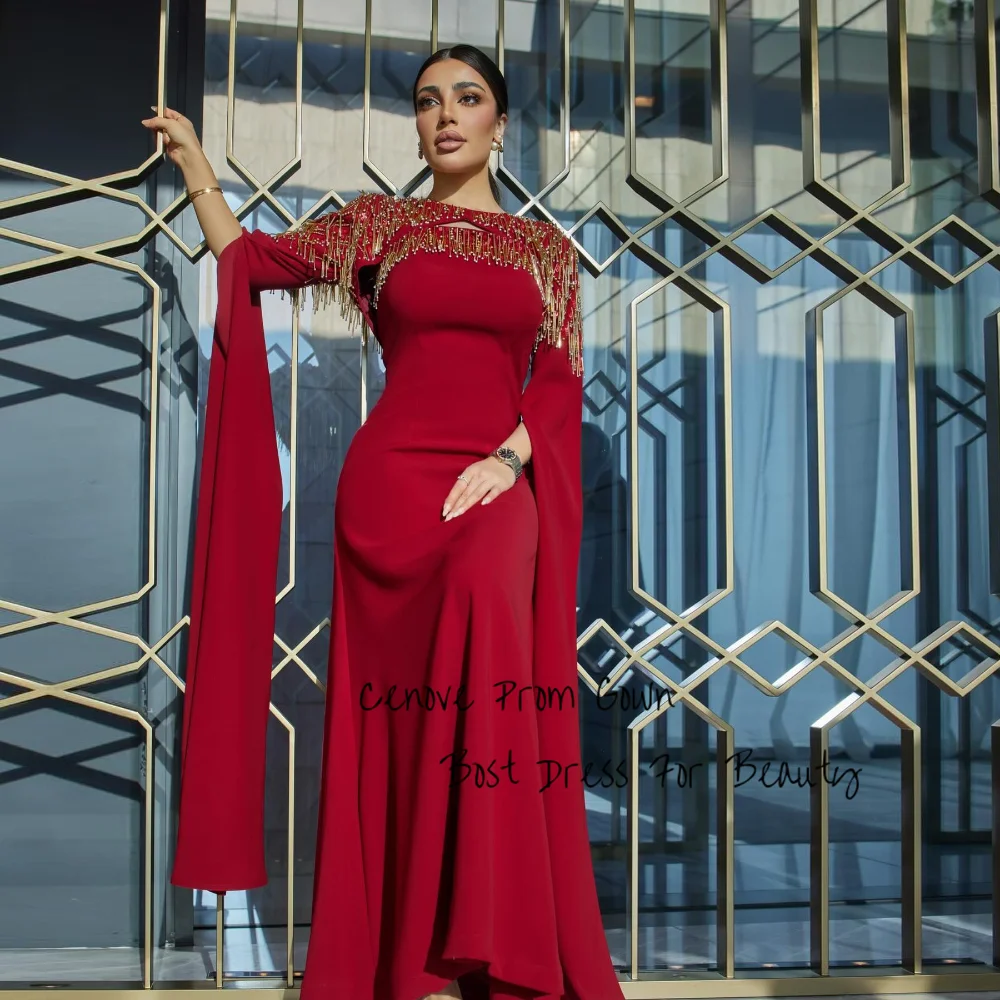 Gorgeous Cenove A Line Evening Dress Boat Neck Long Sleeves With Tassel For Women Formal Occasion Party Gowns Платье для бала