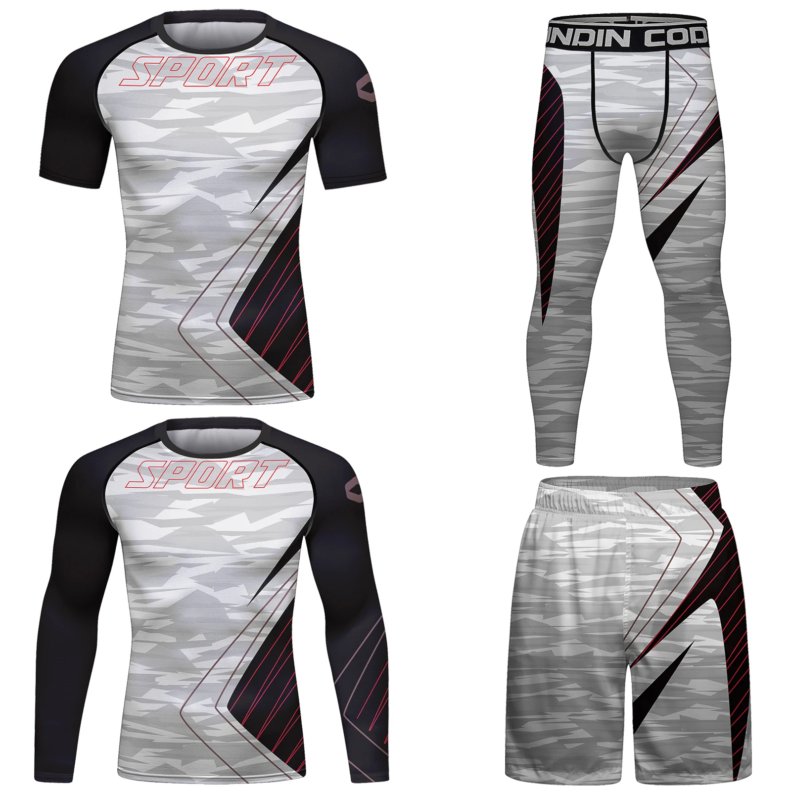 Cody Lundin Softness Stretchable Adult Men's Compression Shirt + Quick Dry Pants Bodybuilding Bjj Jiu jitsu Fitness 4-Piece Set