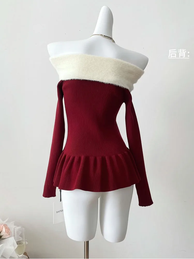 Christmas Slash Neck Knitted Pullovers Gyaru Long Sleeve Autumn Winter Patchwork Plush Sweater Korean Chic Tide Formal Occasion