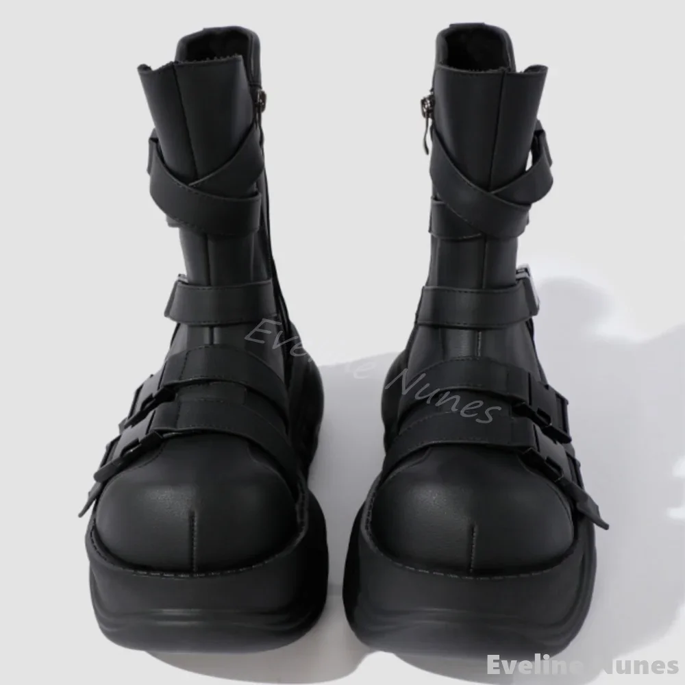 Gothic Punk Style Cool Motorcycle Boots Women Round Toe Buckle Strap Platform Big Toe Boots 2025 Spring New Black Mid Calf Boots