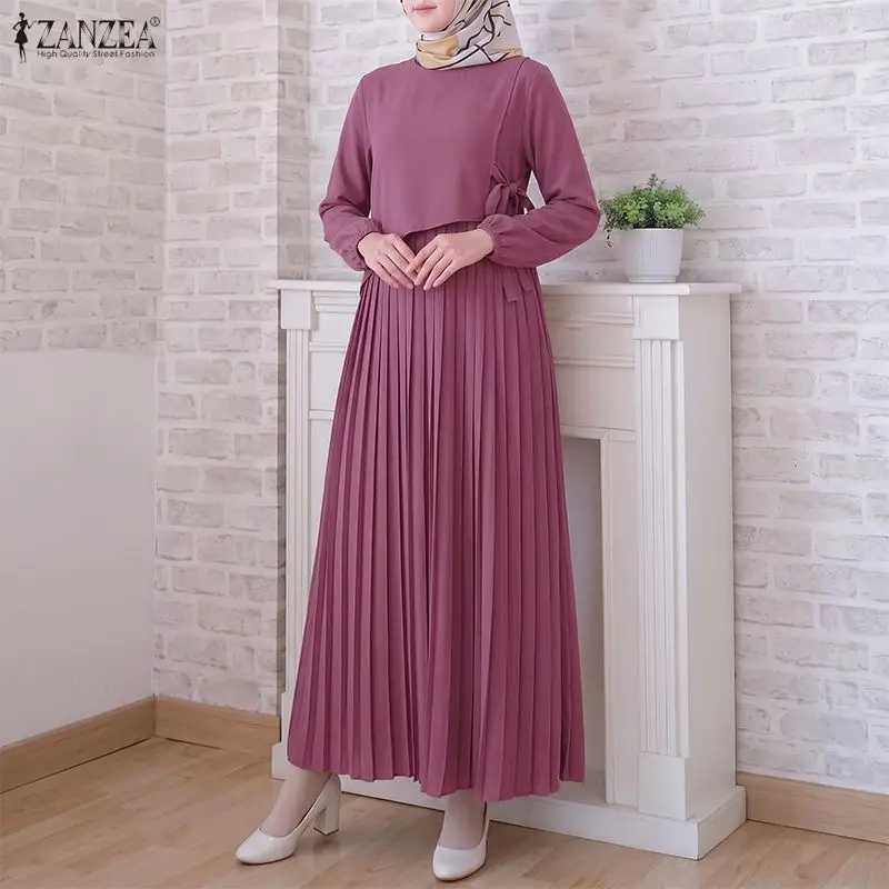 ZANZEA Women O Neck Long Sleeve Pleated Sundress Elegant Muslim Abaya Dress Solid Color Loose Maxi Long Dress Eid Ramadan Robe