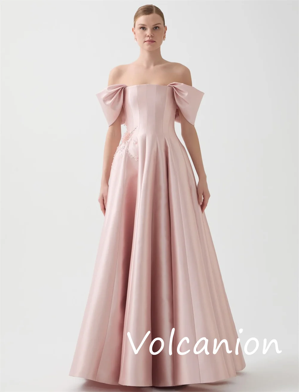 Customized Sparkle Pastrol Charmeuse Pleat A-line Off-the-shoulder Long Dresses Bespoke Occasion Casual