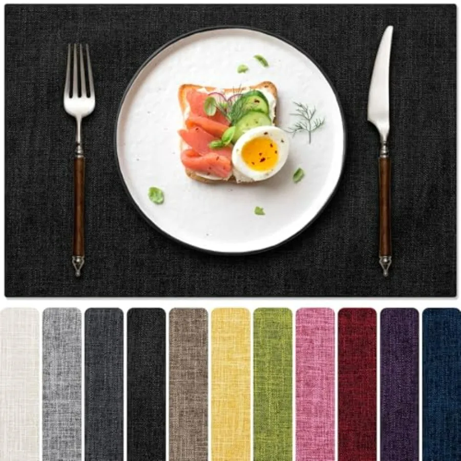 

Set of 8 Dual-Layered Thickened Faux Linen Placemats Heat Resistant Machine Washable Wrinkle Free Black Table Mats for Indoor O