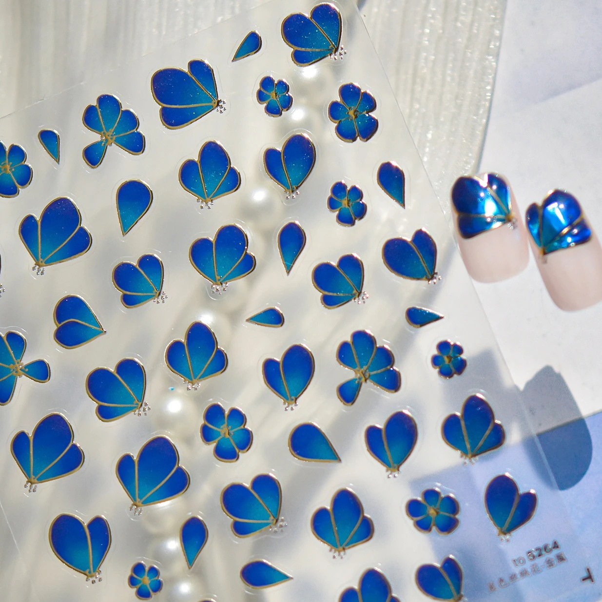 

Gold Edge Blue Velvet Flower Frangipani Petal Delicate Lily Blooming Orchid Jelly Luxury Nail Art Stickers Decals Charm Manicure