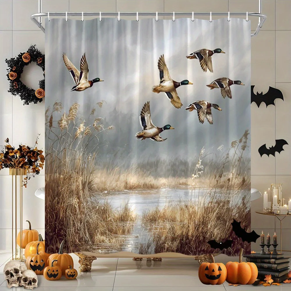 

Rustic Duck Shower Curtain Mallard Flying Over Wetland Scene Polyester Bath Curtain with 12 Hooks for Nature Decor