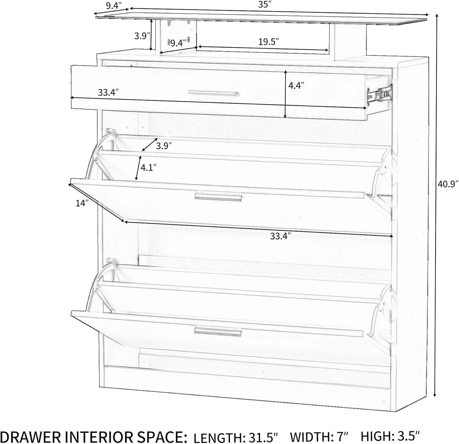 Shoe Cabinet Storage for Entryway with 2 Flip Drawers, Slim Particle Board Freestanding Shoe Rack, Tempered Glass Top Entryway T