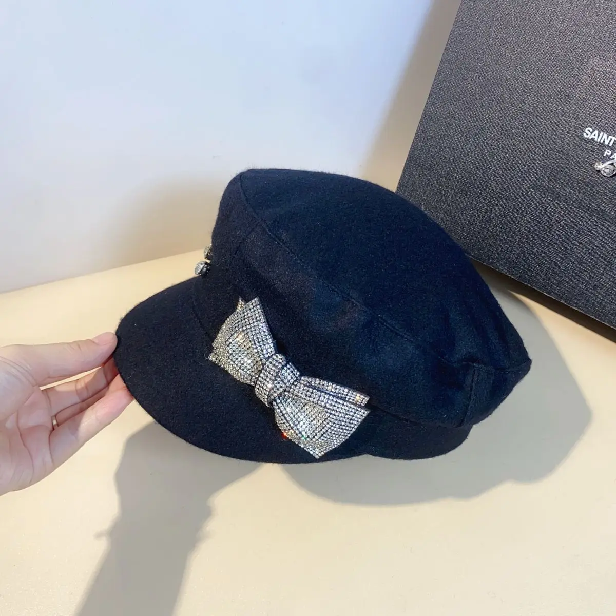 Auchan wool-blend rhinestones multi-style navy hat outdoor outing chain flat top duck tongue berley cotton linen newsboy hat