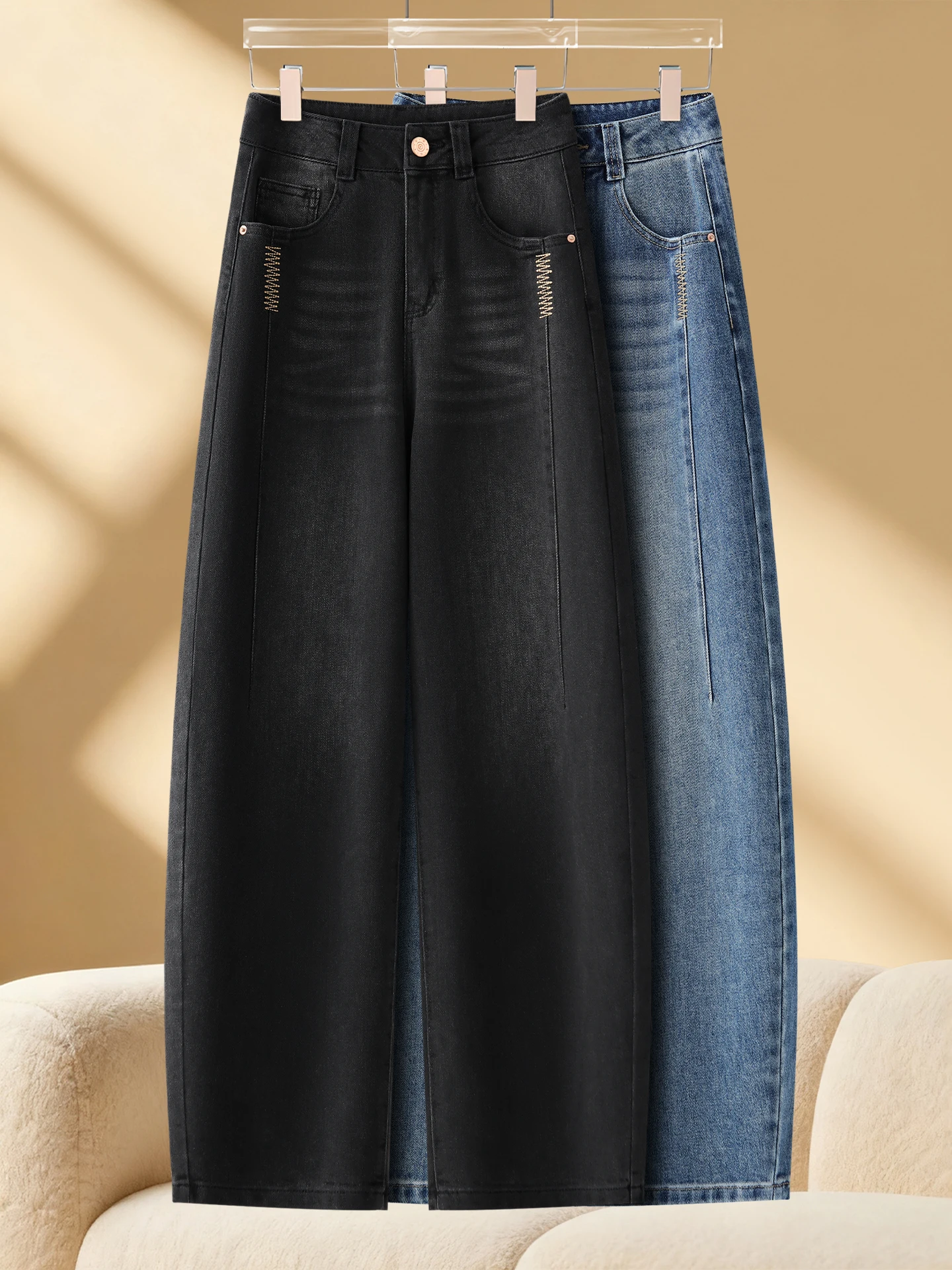 

High Waist Wide Leg Jeans Women's Spring Autumn Winter Fleece Lined Loose Fit Slimming Knife Denim Pants Casual Style