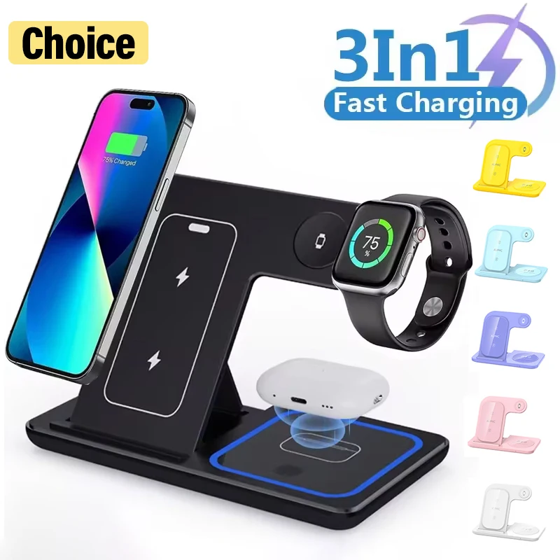 3 In 1 Foldable Wireless Charger Stand For iPhone 15 14 13 12 Pro Max Mini iWatch AirPods 3/2 Fast Charging Station Dock Holder